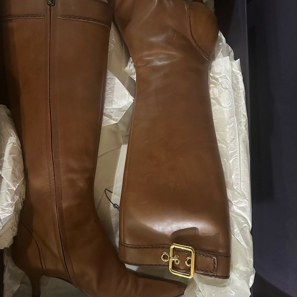 Prada Women's Tan Leather Heeled Boots - Picture 7 of 8